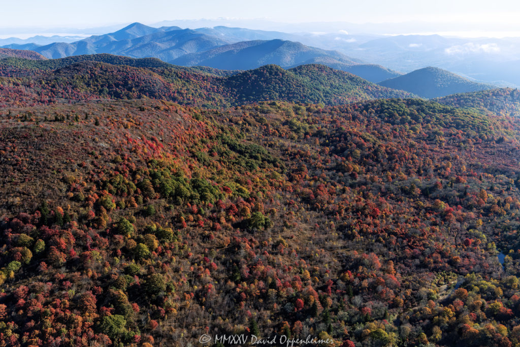 Blue Ridge Parkway Graveyards Fields with Peak Autumn Color Aerial View