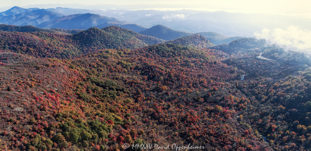Blue Ridge Parkway Graveyards Fields with Peak Autumn Color Aerial View