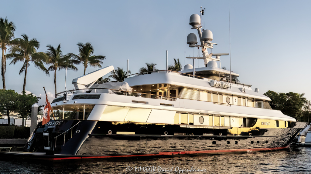 Helios 2 superyacht by Palmer Johnson Yachts in Bahia Mar in Fort Lauderdale, Florida - © 2024 David Oppenheimer - Performance Impressions photography archives - https://performanceimpressions.com Helios 2, yacht, superyacht, Palmer Johnson, Sparkman & Stephens, Patrick Knowles, Stanley Hubbart, Dennis Mehiel, US Corrugated, Helios, Global Ship Systems, megayacht, yachting, ship, vessel, motor yacht, Bahia Mar, Freedom Boat Club, marina, Fort Lauderdale, Florida, Bahia Mar Yachting Center, boat, waterfront, real estate, Fort Lauderdale real estate, dock, dockage, Intracoastal, Intracoastal Waterway, private, prestigious, decks, South Florida, Broward County, modern, exclusive, luxury yacht, resort-style, outdoor living, New River, East Fort Lauderdale, architecture, sunset, palm trees, tropical, New River Sound, harbor, deepsea, deepwater, deep water, David Oppenheimer, color, horizontal, United States, VAu 1-530-124, 1-13553735171,
