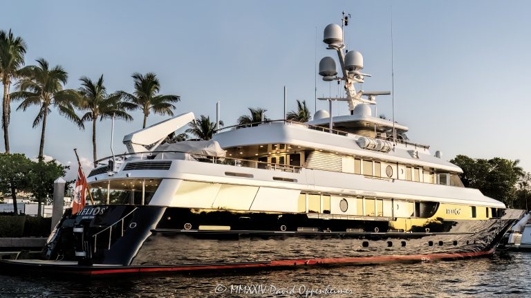 Helios 2 superyacht by Palmer Johnson Yachts in Bahia Mar in Fort Lauderdale, Florida - © 2024 David Oppenheimer - Performance Impressions photography archives - https://performanceimpressions.com Helios 2, yacht, superyacht, Palmer Johnson, Sparkman & Stephens, Patrick Knowles, Stanley Hubbart, Dennis Mehiel, US Corrugated, Helios, Global Ship Systems, megayacht, yachting, ship, vessel, motor yacht, Bahia Mar, Freedom Boat Club, marina, Fort Lauderdale, Florida, Bahia Mar Yachting Center, boat, waterfront, real estate, Fort Lauderdale real estate, dock, dockage, Intracoastal, Intracoastal Waterway, private, prestigious, decks, South Florida, Broward County, modern, exclusive, luxury yacht, resort-style, outdoor living, New River, East Fort Lauderdale, architecture, sunset, palm trees, tropical, New River Sound, harbor, deepsea, deepwater, deep water, David Oppenheimer, color, horizontal, United States, VAu 1-530-124, 1-13553735171,
