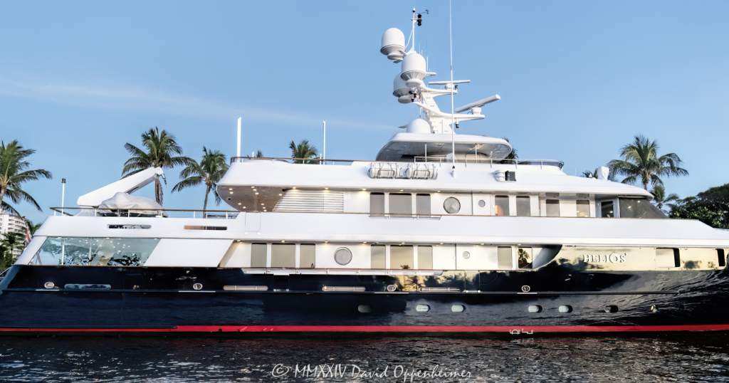 Helios 2 superyacht by Palmer Johnson Yachts in Bahia Mar in Fort Lauderdale, Florida - © 2024 David Oppenheimer - Performance Impressions photography archives - https://performanceimpressions.com Helios 2, yacht, superyacht, Palmer Johnson, Sparkman & Stephens, Patrick Knowles, Stanley Hubbart, Dennis Mehiel, US Corrugated, Helios, Global Ship Systems, megayacht, yachting, ship, vessel, motor yacht, Bahia Mar, Freedom Boat Club, marina, Fort Lauderdale, Florida, Bahia Mar Yachting Center, boat, waterfront, real estate, Fort Lauderdale real estate, dock, dockage, Intracoastal, Intracoastal Waterway, private, prestigious, decks, South Florida, Broward County, modern, exclusive, luxury yacht, resort-style, outdoor living, New River, East Fort Lauderdale, architecture, sunset, palm trees, tropical, New River Sound, harbor, deepsea, deepwater, deep water, David Oppenheimer, color, horizontal, United States, VAu 1-530-124, 1-13553735171,