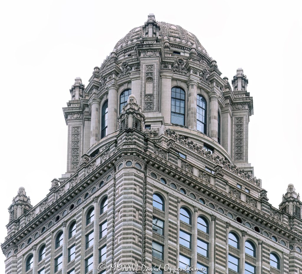 Jewelers Building at 35 East Wacker Drive in Chicago, Illinois, showing the ornate terra cotta exterior, upper tower, and historic skyscraper architecture in the Loop. Also known as 35 East Wacker, the building was formerly the Pure Oil Building and North American Life Building – © 2026 David Oppenheimer – Performance Impressions photography archives https://performanceimpressions.com Jewelers Building, 35 East Wacker, 35 East Wacker Drive, 35 E Wacker Dr, Jewelers Building Chicago, 35 East Wacker Chicago, Pure Oil Building, North American Life Building, North American Life Insurance Building, Chicago Loop, Loop Chicago, East Wacker Drive, Wacker Drive, Chicago architecture, Chicago skyscraper, historic skyscraper, terra cotta, ornate exterior, upper tower, building exterior, exterior, facade, historic architecture, classical revival architecture, neoclassical architecture, Chicago Landmark, downtown Chicago, Cook County, Illinois, Joachim Giaver, Frederick P Dinkelberg, Thielbar and Fugard, high rise, office building, commercial building, architecture, building, skyscraper, landmark, urban architecture, city architecture, architectural detail, windows, decorative masonry, ornamental detail, stonework, vertical architecture, Midwest, United States, 60601, Licensing, image licensing, commercial imagery, photography licensing, art, print, fine art, commercial photography, David Oppenheimer, vertical, 1-15156784411