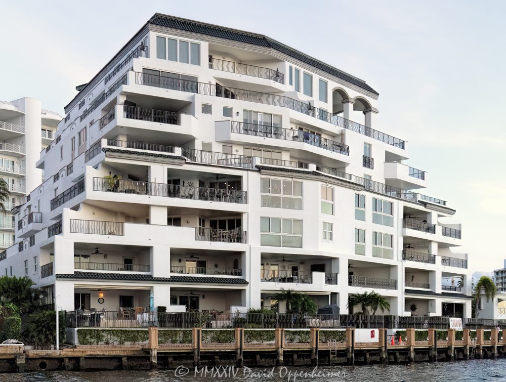La Cascade Condos luxury waterfront condo building at 615 Bayshore Drive in the Central Beach neighborhood of Fort Lauderdale, Florida - © 2024 David Oppenheimer - Performance Impressions photography archives - https://performanceimpressions.com La Cascade Condos, La Cascade, 615 Bayshore Dr, Central Beach, Sunrise Intracoastal, Bayshore, boutique-style, boutique, luxury condos, luxury waterfront condos, 33304, East Fort Lauderdale, Fort Lauderdale, building, tower, skyscraper, rental, luxury, balconies, condos, residences, New River, architecture, Middle River, real estate, Fort Lauderdale real estate, luxury apartments, Florida, facade, waterfront, luxury real estate, dock, dockage, Intracoastal, Intracoastal Waterway, Ralph R. H. Roberts Architects, Ralph R. H. Roberts, Coastal Construction, Ewing Cole, South Florida, Broward County, contemporary, modern, exclusive, resort-style, colorful, sunset, palm trees, tropical, ocean, Atlantic Ocean, seawall, David Oppenheimer, color, horizontal, United States, VAu 1-530-124, 1-13553735171,