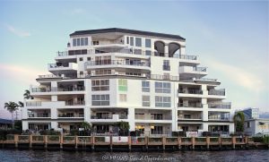 La Cascade Condos luxury waterfront condo building at 615 Bayshore Drive in the Central Beach neighborhood of Fort Lauderdale, Florida - © 2024 David Oppenheimer - Performance Impressions photography archives - https://performanceimpressions.com La Cascade Condos, La Cascade, 615 Bayshore Dr, Central Beach, Sunrise Intracoastal, Bayshore, boutique-style, boutique, luxury condos, luxury waterfront condos, 33304, East Fort Lauderdale, Fort Lauderdale, building, tower, skyscraper, rental, luxury, balconies, condos, residences, New River, architecture, Middle River, real estate, Fort Lauderdale real estate, luxury apartments, Florida, facade, waterfront, luxury real estate, dock, dockage, Intracoastal, Intracoastal Waterway, Ralph R. H. Roberts Architects, Ralph R. H. Roberts, Coastal Construction, Ewing Cole, South Florida, Broward County, contemporary, modern, exclusive, resort-style, colorful, sunset, palm trees, tropical, ocean, Atlantic Ocean, seawall, David Oppenheimer, color, horizontal, United States, VAu 1-530-124, 1-13553735171,