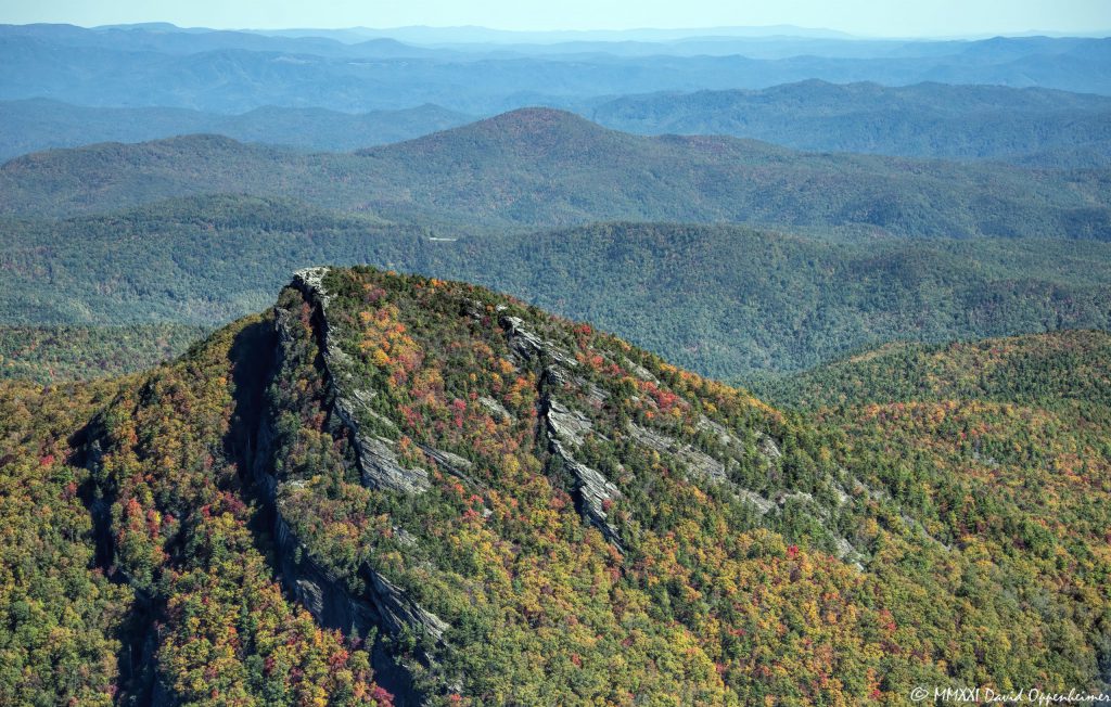 Linville Gorge Wilderness Hawksbill Mountain with Peak Autumn Colors Aerial View
