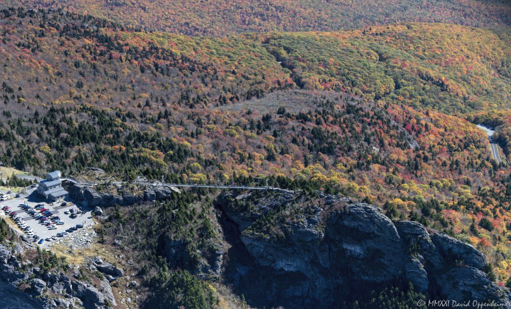 Mile High Swinging Bridge at Grandfather Mountain in North Carolina Aerial View with Peak Autumn Colors