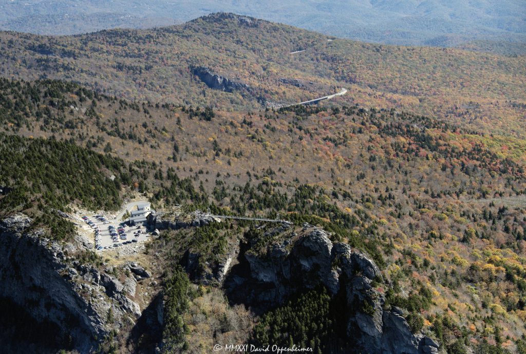 Mile High Swinging Bridge at Grandfather Mountain in North Carolina Aerial View with Peak Autumn Colors