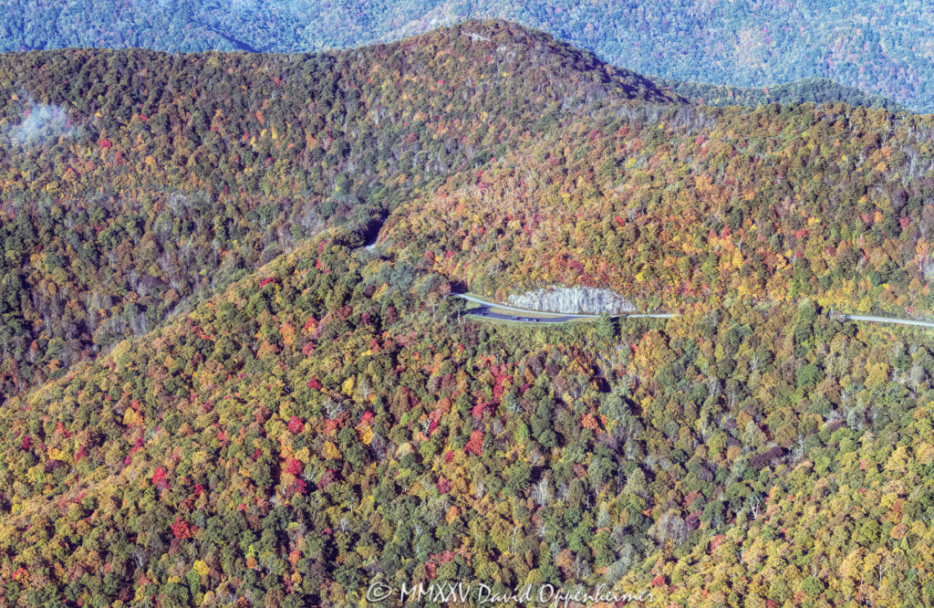Blue Ridge Parkway at the Pink Beds Overlook in Western North Carolina with Autumn Colors Aerial View