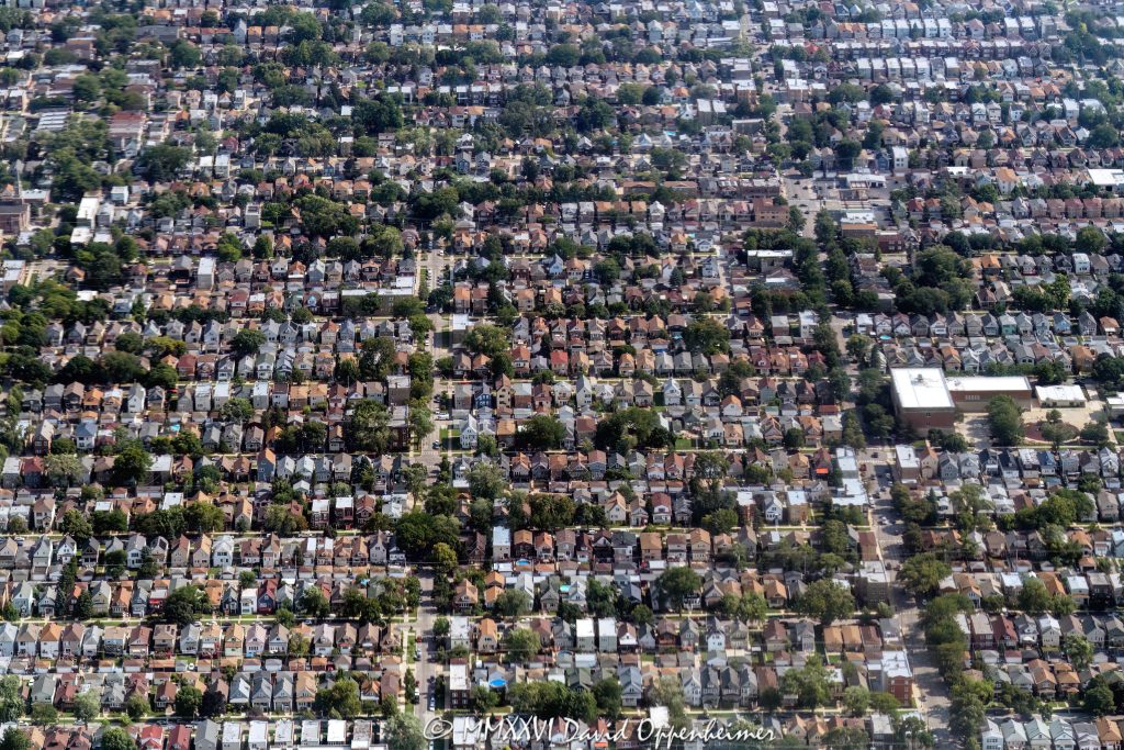 Portage Park Neighborhood Houses in Chicago Aerial View