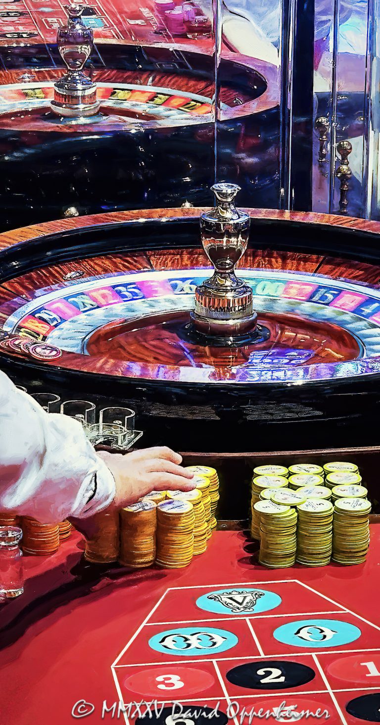 Roulette wheel and table at The Venetian Casino in Las Vegas, Nevada - © 2025 David Oppenheimer - Performance Impressions casino photography archives - https://performanceimpressions.com Roulette, Roulette wheel, Roulette table, The Venetian, casino, Las Vegas, casino chips, chips, spin, wheel, marker, high roller, ball, money, roll, table, betting, gaming, play, Nevada, odds, win, gambling, wager, bet, luck, gamble, resort, 3355 S Las Vegas Blvd, 89109, art, artwork, painting, casino art, reflection, United States, vertical, color, 1-14977862771