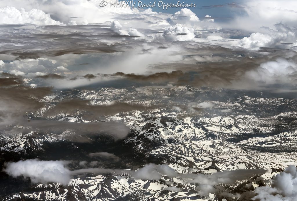 Sierra Nevada Mountains in California with snow and clouds aerial view - © 2024 David Oppenheimer - Performance Impressions aerial photography archives - https://performanceimpressions.com Sierra Nevada Mountains, Sierra Nevada, Sierra Nevada Mountains aerial, Sierra Nevada Mountain Range, Sierras, snow, clouds, snow cover, summer, snowpack, wilderness, nature, mountains, travel, altitude, mountain range, American Cordillera, watershed, Central Valley, California, beauty, elevation, climate, atmosphere, serene, art, aerial, aerial view, aerial photography, aerial photographer, David Oppenheimer, color, horizontal, United States, 1-13985601741,