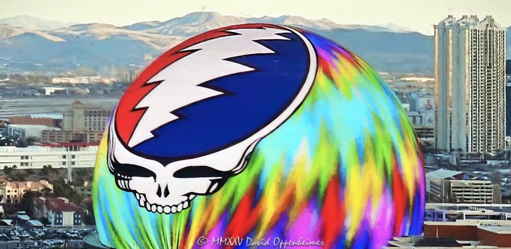 Steal Your Face on Sphere During Dead & Company Las Vegas Residency Daytime photograph of Sphere in Las Vegas featuring the illuminated Steal Your Face logo during Dead & Company’s 2024 residency. Despite bright daylight conditions, the vibrant LED display is clearly visible in this aerial view thanks to professional camera exposure and optics - © 2025 David Oppenheimer - Performance Impressions aerial photography archives - https://performanceimpressions.com Sphere, Sphere in Las Vegas, Las Vegas Sphere, MGM Sphere, Sphere at The Venetian, Las Vegas, Steal Your Face, Dead & Company, Grateful Dead, residency, daytime, LED display, facade, building, outside, lights, lighting, 255 Sands Ave, 89169, round, spherical, Sphere Entertainment, Sphere Entertainment Group, Paradise, marketing, advertising, entertainment, media, screen, display, MSG Networks, MSG, Nevada, entrance, architecture, facility, venue, art, artwork, painting, United States, horizontal, color, 1-14977862771