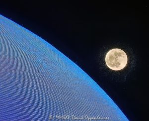 Sphere Las Vegas at night illuminated in blue with the full moon rising in the background. This close up photograph highlights the scale and futuristic LED exterior of the iconic venue on the Las Vegas Strip – © 2025 David Oppenheimer – Performance Impressions Travel Photography Archives – https://performanceimpressions.com Sphere, Sphere in Las Vegas, Las Vegas Sphere, MGM Sphere, Sphere at The Venetian, Sphere Entertainment, Sphere Entertainment Group, Las Vegas, Paradise, Nevada, LED display, LED pixels, lighting, night, nighttime, architecture, architture, exterior, facade, building, venue, entertainment, design, round, spherical, illuminated, full moon, moon, skyline, landmark, Nevada, futuristic, future, space, advertising, marketing, media, display, screen, MSG Networks, MSG, 255 Sands Ave, 89169, resort, casino, Las Vegas Strip, United States, horizontal, color, photography, fine art photography, Performance Impressions, 1-14993092111