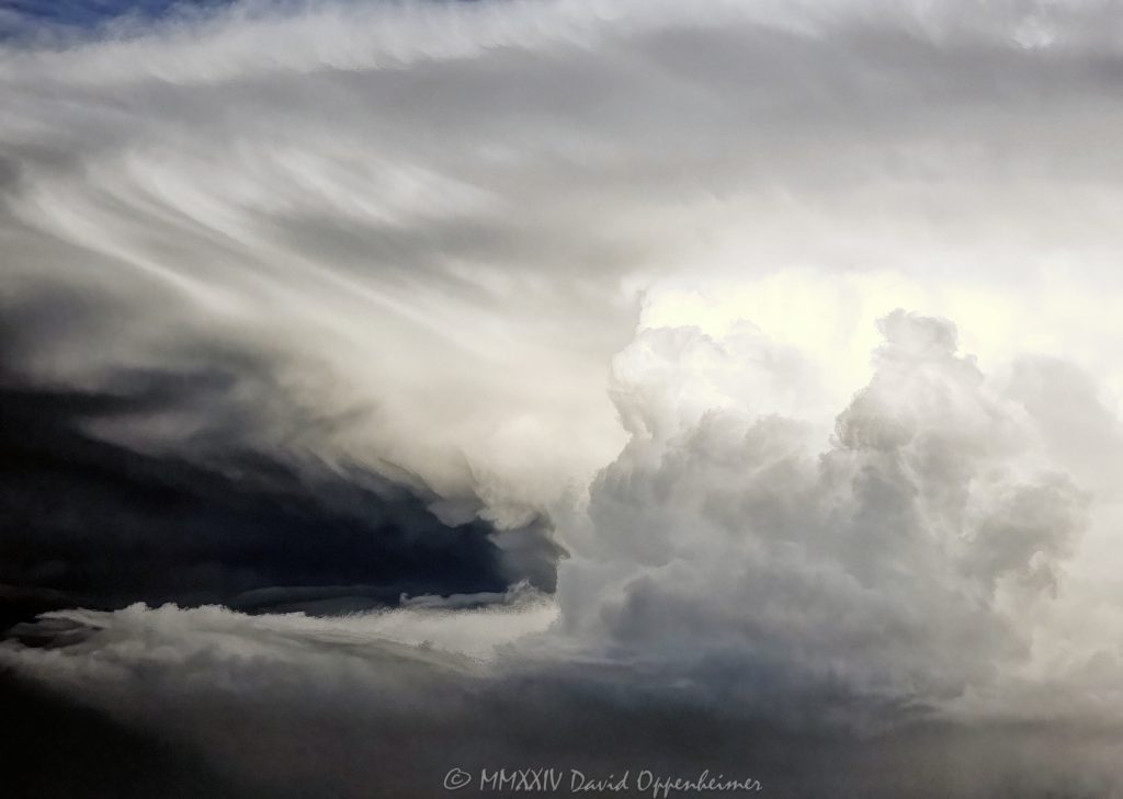 Flying by a Cumulonimbus supercell storm cloud with an anvil at altitude - © 2024 David Oppenheimer - Performance Impressions photography archives - https://performanceimpressions.com supercell, supercell storm cloud, Cumulonimbus, anvil, altitude, jet, plane, aerial, aerial view, wall cloud, storm, meteorology, weather, stormy, thunderstorm, cloud, precipitation, David Oppenheimer, horizontal, severe weather, wall cloud, Mesocyclone, formation, anvil cloud, high-altitude, extreme weather, atmosphere, color, aerial, aerial view, aerial photography, aerial photographer, United States, 1-13985601741,