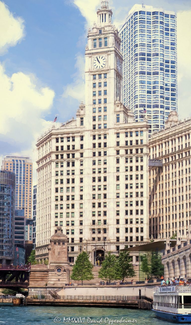 The Wrigley Building at 400–410 North Michigan Avenue rises above the Chicago River, showing its white terra cotta facade, clock tower, and landmark Michigan Avenue architecture with a painterly photorealism effect. Designed by Graham, Anderson, Probst & White for William Wrigley Jr., the former Wrigley Company headquarters remains one of Chicago’s defining riverfront buildings – © 2026 David Oppenheimer – Performance Impressions photography archives https://performanceimpressions.com The Wrigley Building, Wrigley Building, Wrigley Building Chicago, 400 N Michigan Avenue, 400 North Michigan Avenue, 410 N Michigan Avenue, 410 North Michigan Avenue, 400-410 N Michigan Avenue, North Michigan Avenue, Michigan Avenue, Magnificent Mile, Mag Mile, downtown Chicago, Chicago Illinois, Chicago IL, Chicago River, river, riverfront, waterfront, Chicago riverfront, Chicago waterfront, DuSable Bridge, Michigan Avenue Bridge, 60611, facade, building exterior, exterior, clock tower, clock, clock face, 10:55, 10:56, white terra cotta, terra cotta facade, glazed terra cotta, white facade, historic facade, ornate facade, tower, south tower, north tower, 410 N Michigan tower, skyscraper, high rise, landmark building, Chicago Landmark, historic building, office building, commercial building, former headquarters, Wrigley Company, Wm Wrigley Jr Company, William Wrigley Jr, chewing gum, gum company, architecture, architectural photography, Chicago architecture, historic architecture, riverfront architecture, commercial architecture, Spanish Revival, French Renaissance, Graham Anderson Probst White, Graham Anderson Probst & White, Alfred P Shaw, art, painterly, photorealism, painterly effect, photorealistic, Chicago history, Illinois architecture, United States, licensing, image licensing, commercial imagery, photography licensing, art, print, fine art, commercial photography, David Oppenheimer, vertical, 1-15156784411