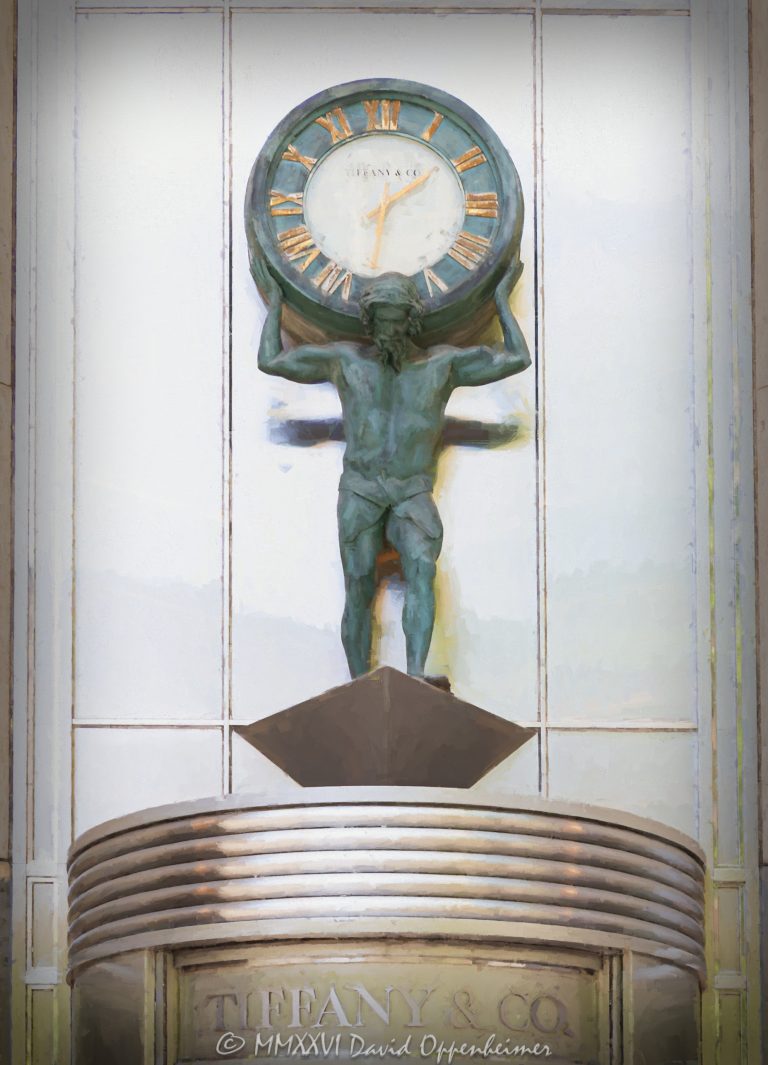 Tiffany & Co. Atlas Clock above the entrance at 730 North Michigan Avenue in Chicago anchors a tightly framed view of the Magnificent Mile storefront, with the Atlas figure holding a Roman-numeral clock above the revolving doors. Tiffany & Co. signage, warm metallic tones, curved entrance details, and strong vertical facade lines give the photograph a surreal, highly rendered fine-art character in Chicago, Illinois – © 2026 David Oppenheimer – Performance Impressions photography archives https://performanceimpressions.com