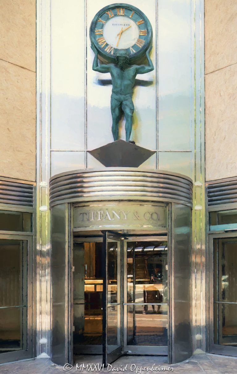 Tiffany & Co. Atlas Clock above the entrance at 730 North Michigan Avenue in Chicago anchors a tightly framed view of the Magnificent Mile storefront, with the Atlas figure holding a Roman-numeral clock above the revolving doors. Tiffany & Co. signage, warm metallic tones, curved entrance details, and strong vertical facade lines give the photograph a surreal, highly rendered fine-art character in Chicago, Illinois – © 2026 David Oppenheimer – Performance Impressions photography archives https://performanceimpressions.com