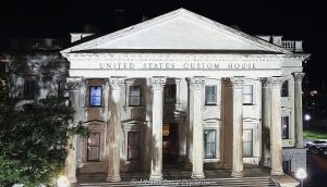 United States Custom House buidling at night at 200 E Bay St in downtown Charleston, South Carolina - © 2024 David Oppenheimer - Performance Impressions photography archives - https://performanceimpressions.com United States Custom House, U.S. Customhouse, U.S. Custom House, Custom House, U.S. Customs and Border Protection, Charleston Service Port, historic, building, architecture, National Register of Historic Places, columns, pillars, Ammi B. Young, Classical Revival, 200 E Bay St, 29401, Fitzsimmon's Wharf, façade, limestone, Corinthian columns, Corinthian, Charleston, South Carolina, David Oppenheimer, David Gordon Oppenheimer, United States, horizontal, color, 1-13726821381,